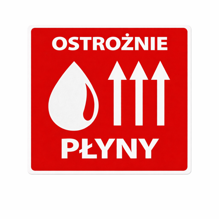Etykieta "OSTROŻNIE PŁYNY" 70x70mm 100 sztuk